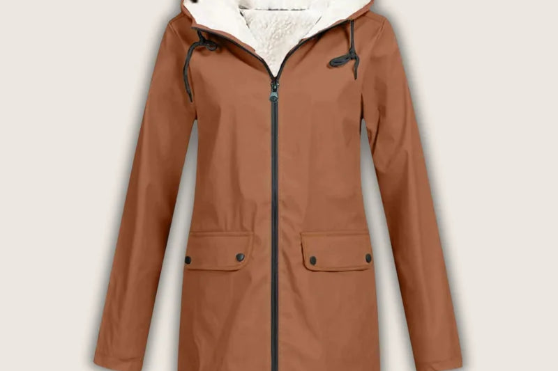 Agatha - Women's Hooded Rain Jacket with Sherpa Lining - Burnt Orange