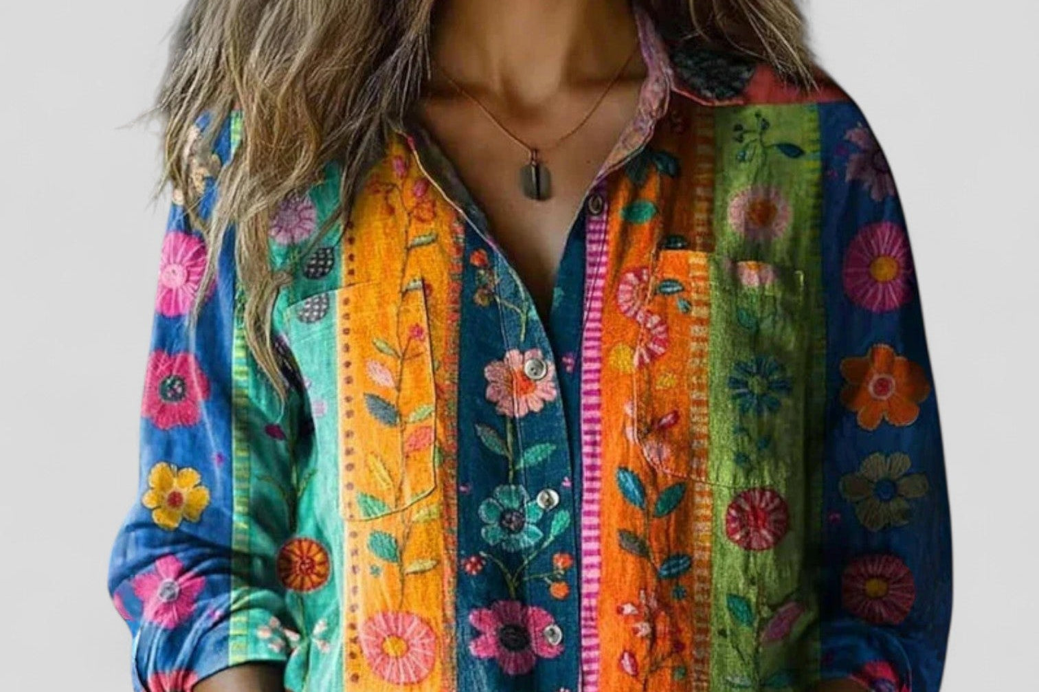 Agneta - Women's Patchwork Print Button-Down Shirt - Multi