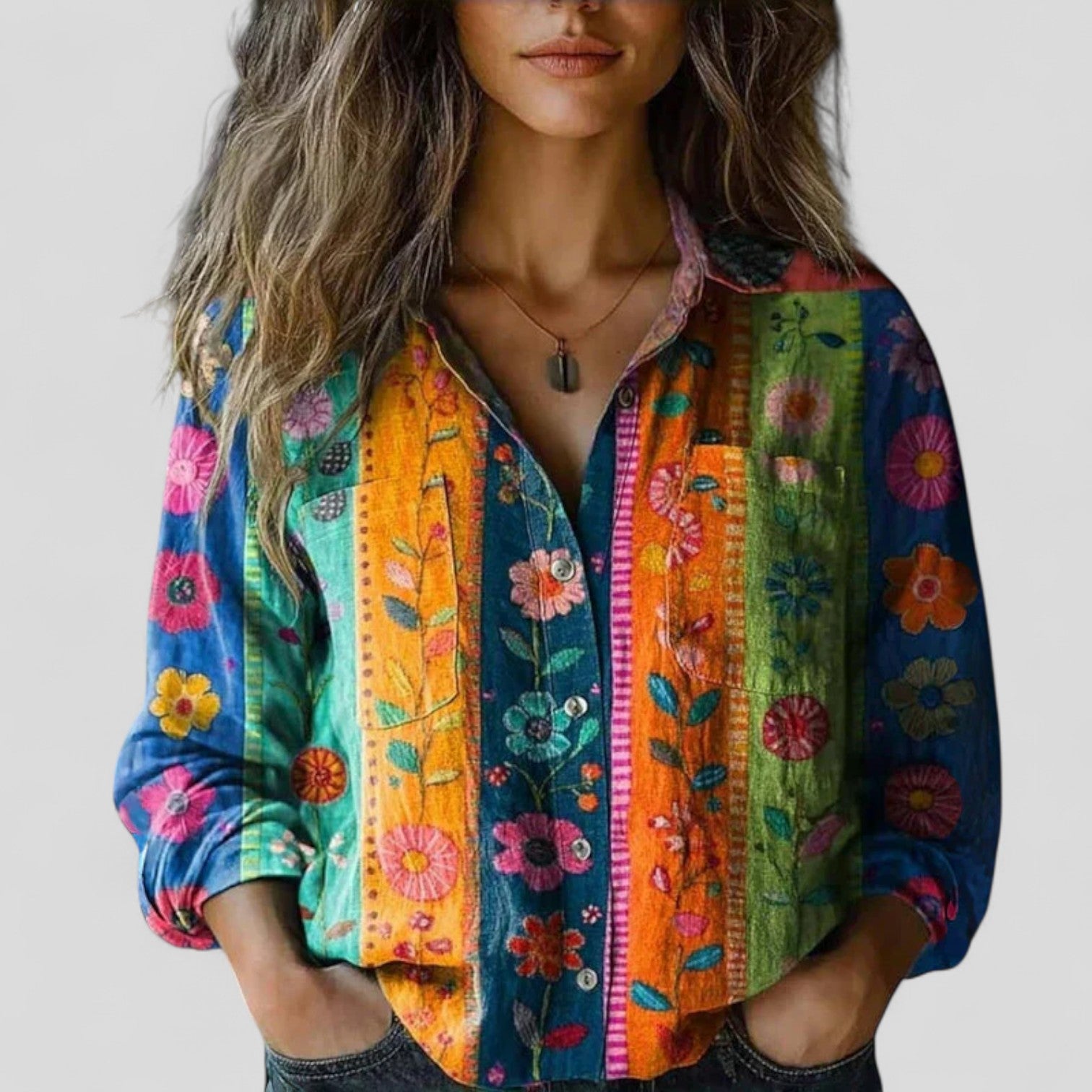 Agneta - Women's Patchwork Print Button-Down Shirt - Multi