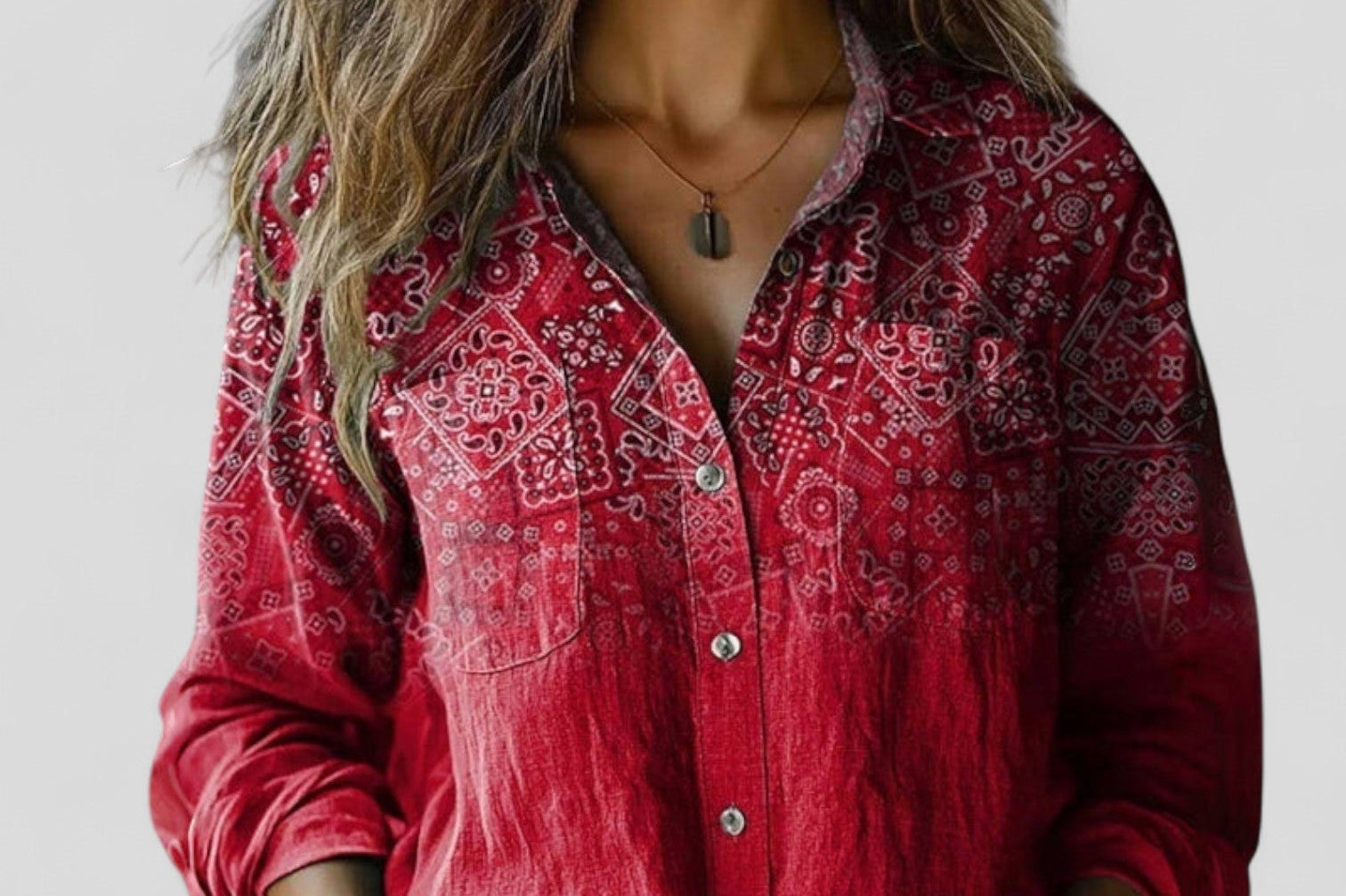 Agneta - Women's Patchwork Print Button-Down Shirt - Red