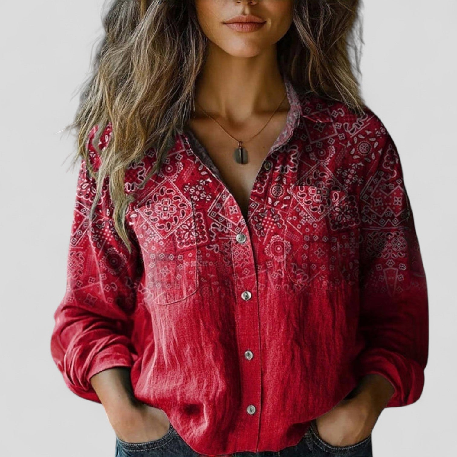 Agneta - Women's Patchwork Print Button-Down Shirt - Red