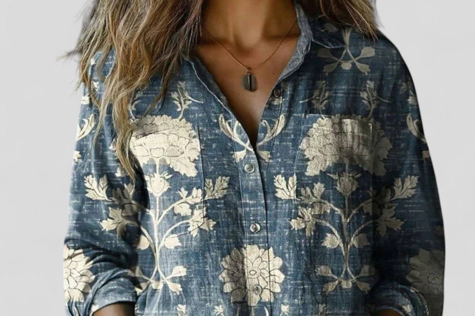 Agneta - Women's Patchwork Print Button-Down Shirt - Blue