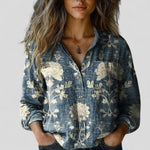Agneta - Women's Patchwork Print Button-Down Shirt - Blue