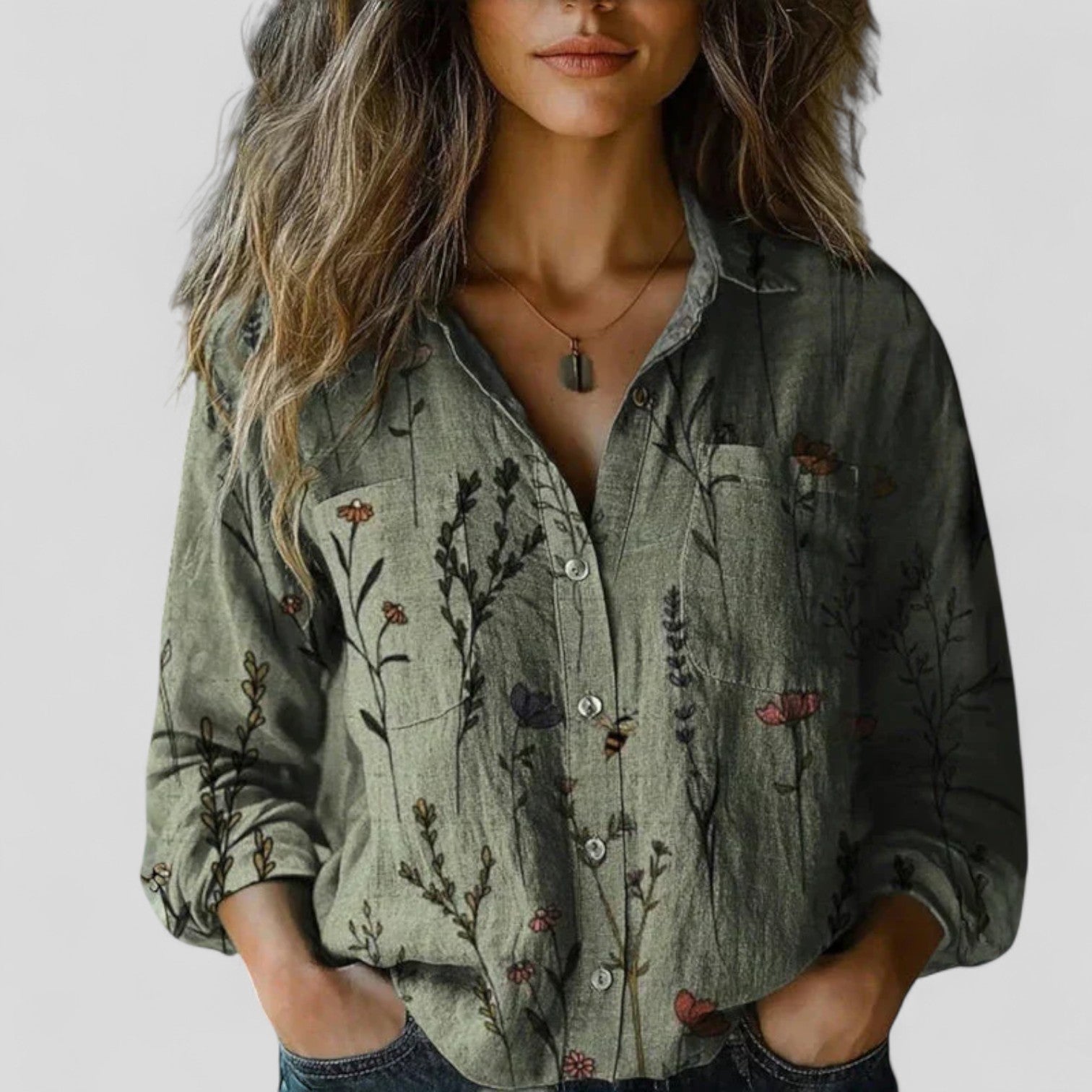 Agneta - Women's Patchwork Print Button-Down Shirt - Green