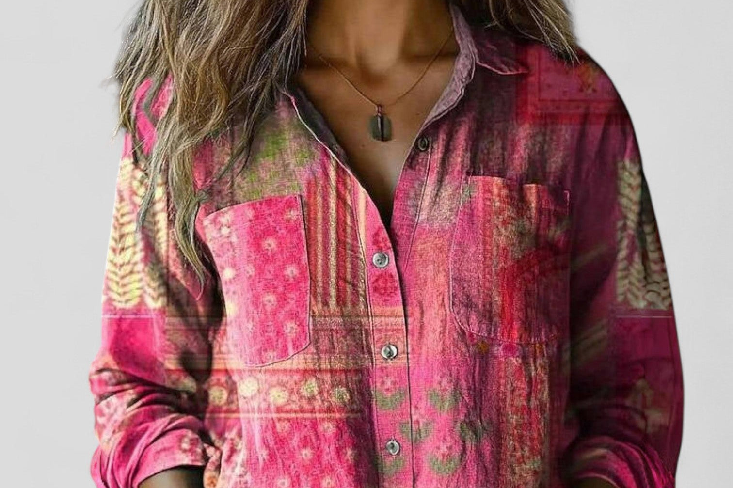 Agneta - Women's Patchwork Print Button-Down Shirt - Pink