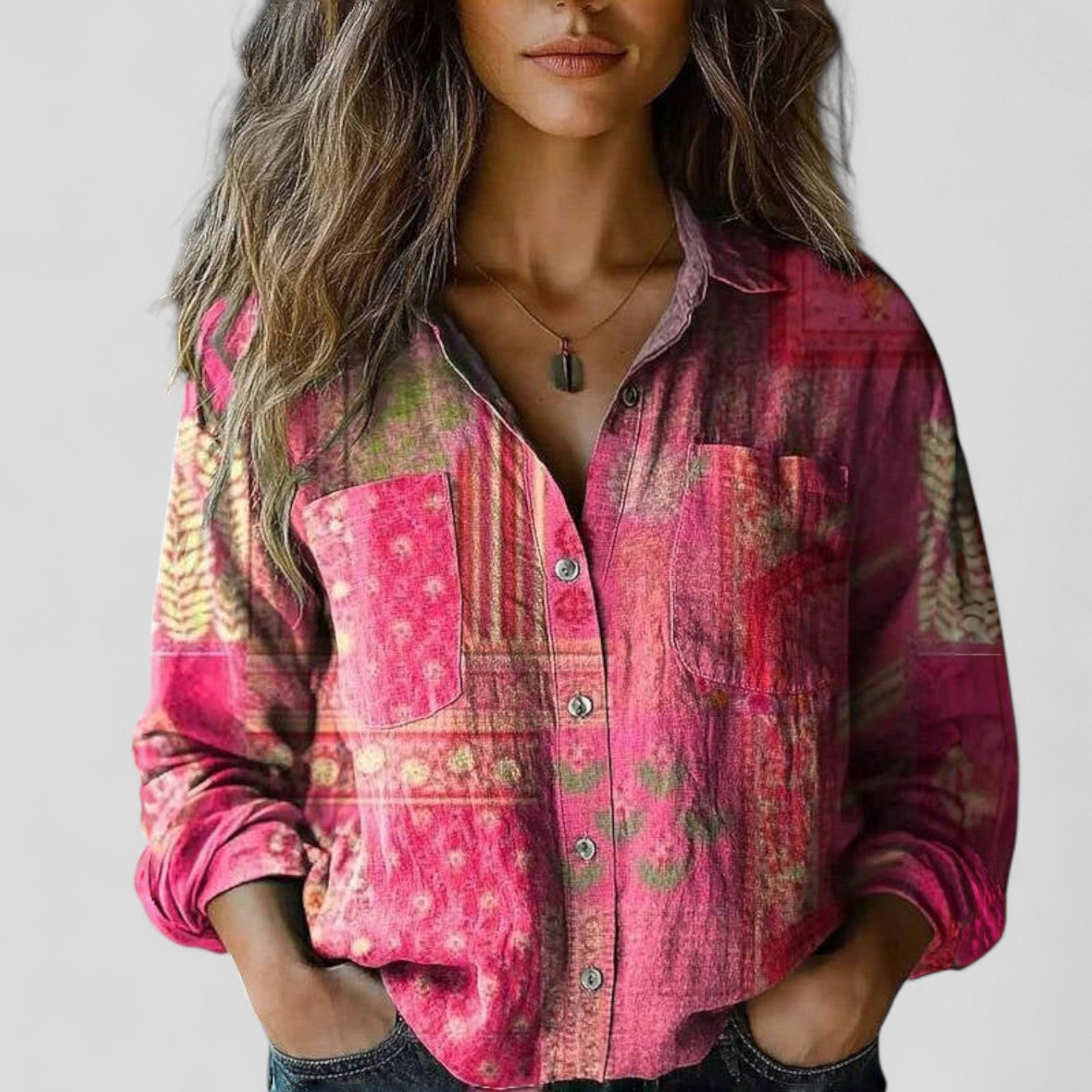Agneta - Women's Patchwork Print Button-Down Shirt - Pink