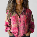 Agneta - Women's Patchwork Print Button-Down Shirt - Pink