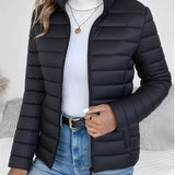 Aisling - Women's Quilted Puffer Jacket with Stand Collar - Black