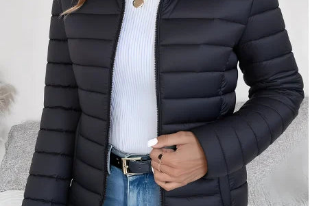 Aisling - Women's Quilted Puffer Jacket with Stand Collar - Black