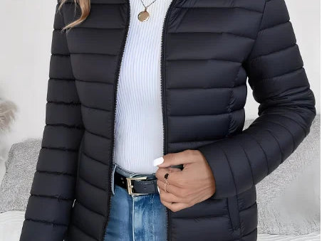 Aisling - Women's Quilted Puffer Jacket with Stand Collar - Black