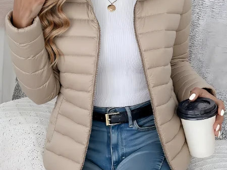 Aisling - Women's Quilted Puffer Jacket with Stand Collar - Beige