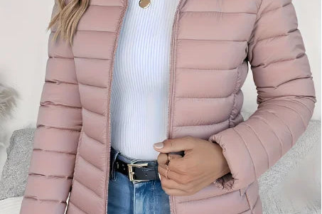 Aisling - Women's Quilted Puffer Jacket with Stand Collar - Pink