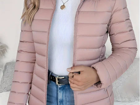 Aisling - Women's Quilted Puffer Jacket with Stand Collar - Pink