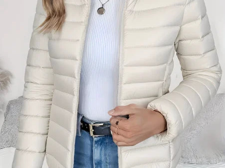Aisling - Women's Quilted Puffer Jacket with Stand Collar - Cream