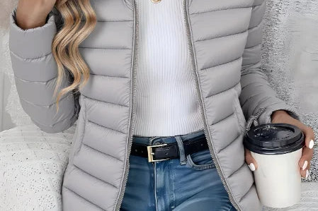 Aisling - Women's Quilted Puffer Jacket with Stand Collar - Gray