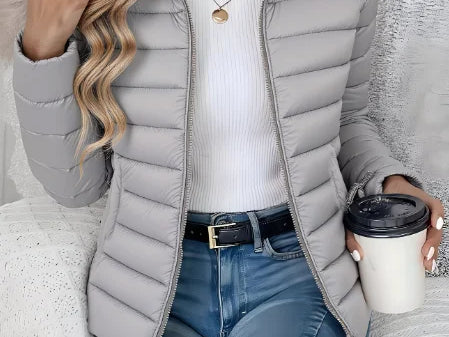 Aisling - Women's Quilted Puffer Jacket with Stand Collar - Gray