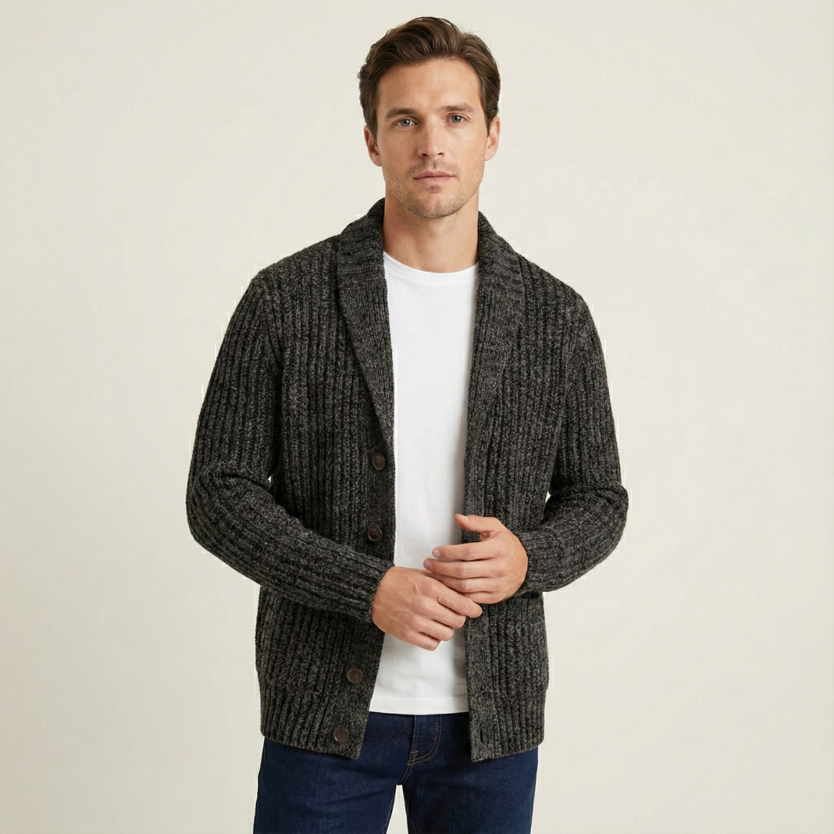 Alan - Men's Chunky Knit Shawl Collar Cardigan