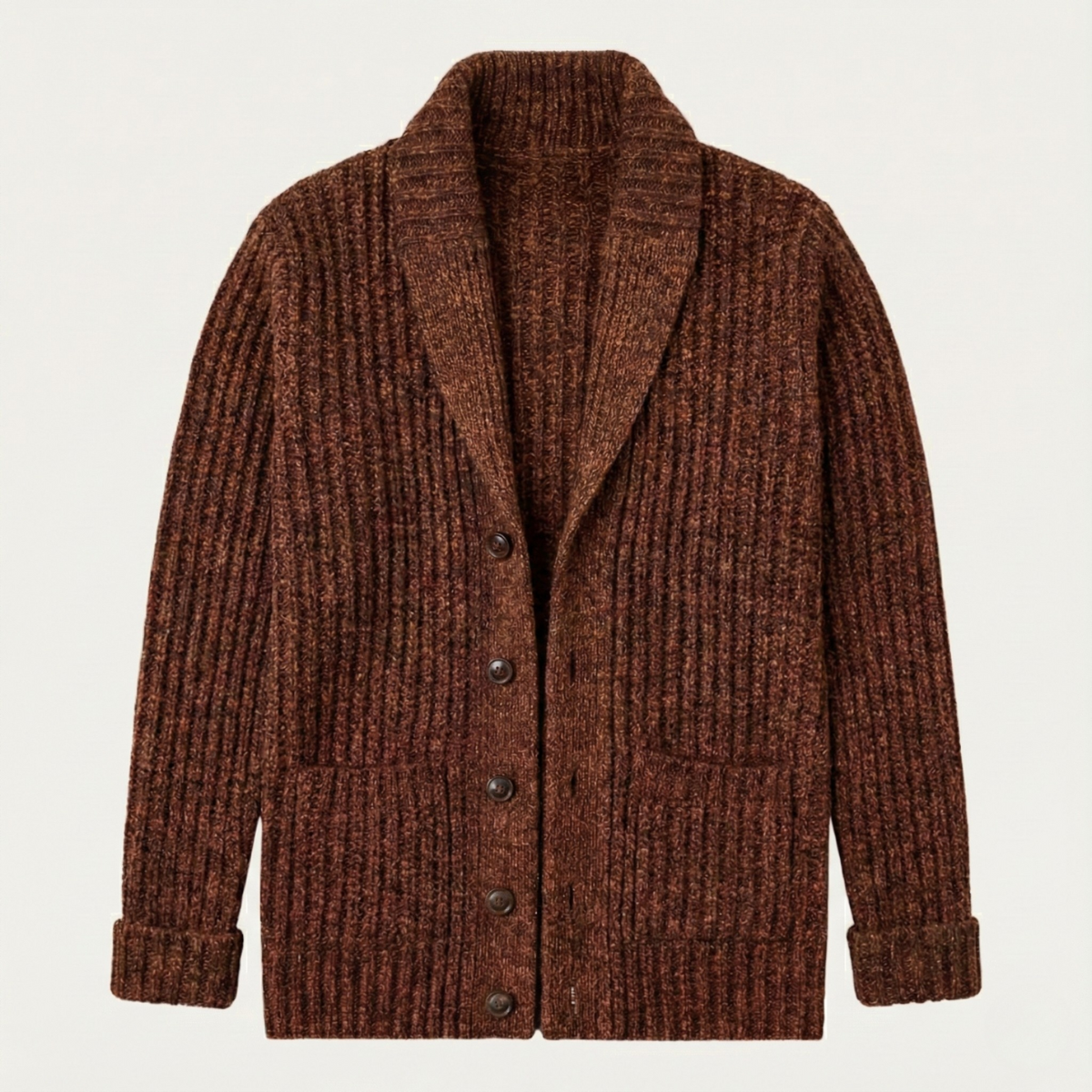 Alan - Men's Chunky Knit Shawl Collar Cardigan - Brown