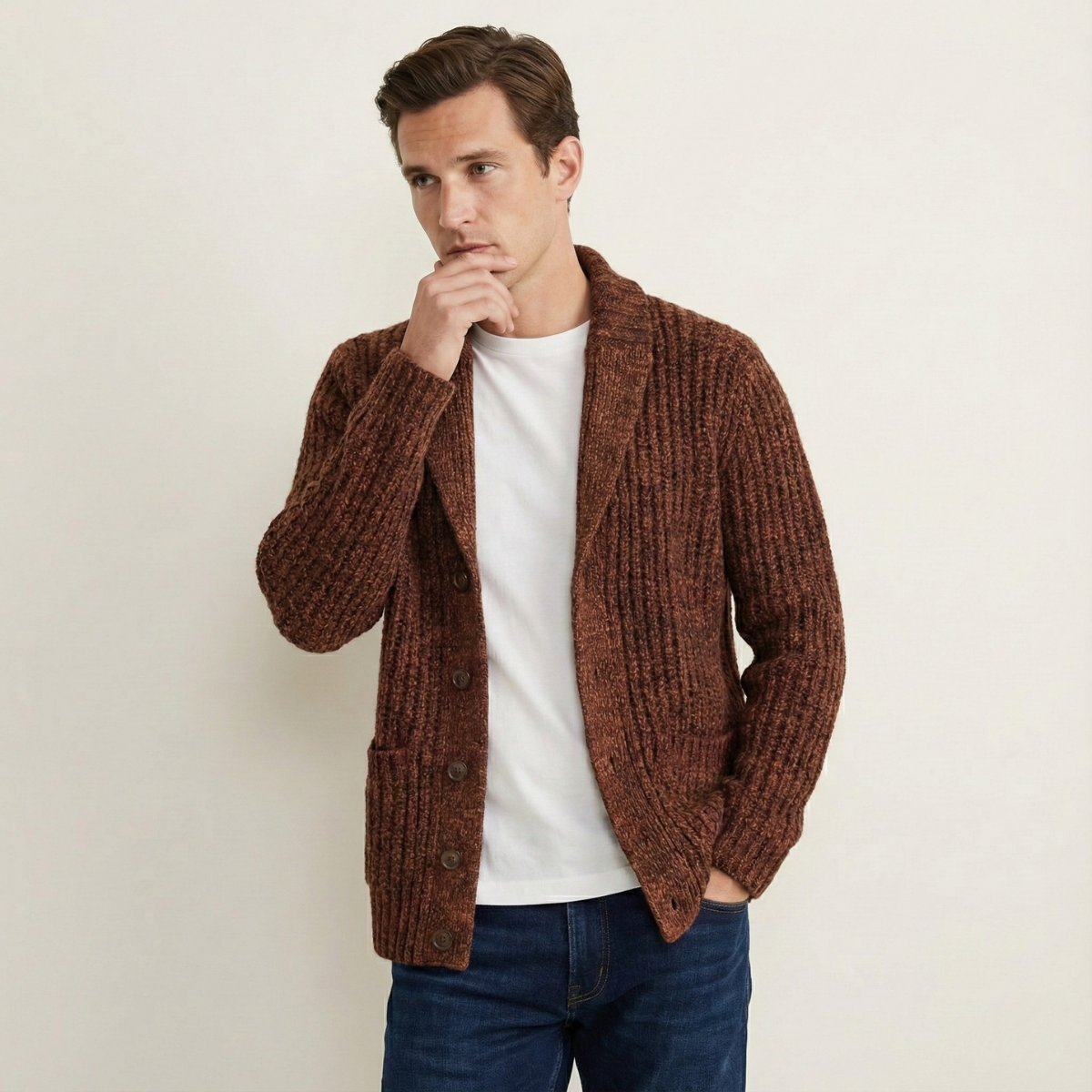 Alan - Men's Chunky Knit Shawl Collar Cardigan