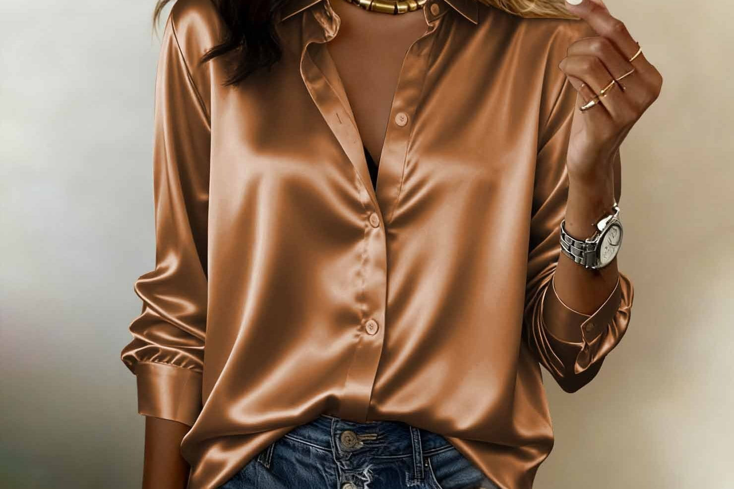 Alayna - Women's Satin Button-Down Long Sleeve Work Shirt - Coffee