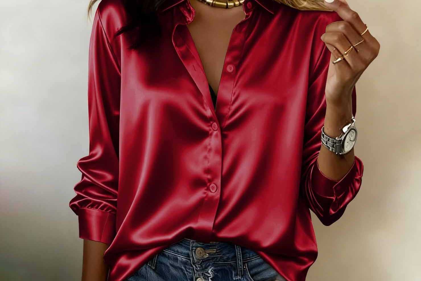 Alayna - Women's Satin Button-Down Long Sleeve Work Shirt - Burgundy