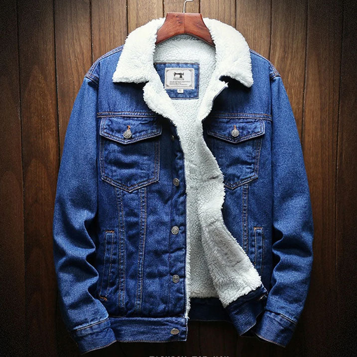 Albert - Men's Warm Lined Denim Jacket with Solid Wash - Blue