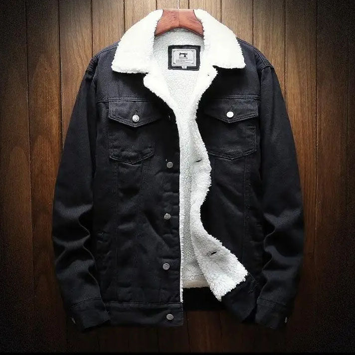Albert - Men's Warm Lined Denim Jacket with Solid Wash - Black