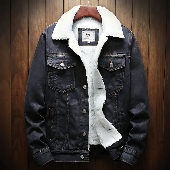 Albert - Men's Warm Lined Denim Jacket with Solid Wash - Faded Black