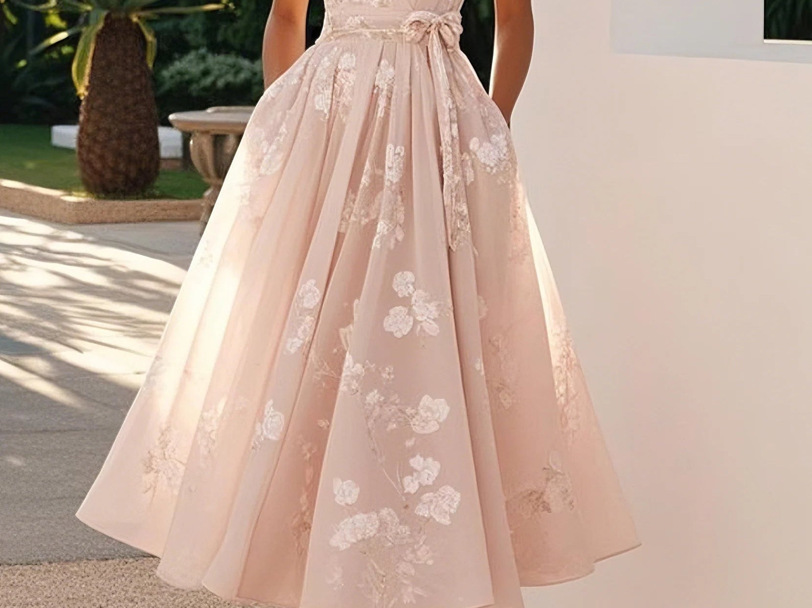 Amberly - Women's Floral Midi Cocktail Dress with Waist Bow - Light Pink