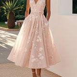 Amberly - Women's Floral Midi Cocktail Dress with Waist Bow - Light Pink