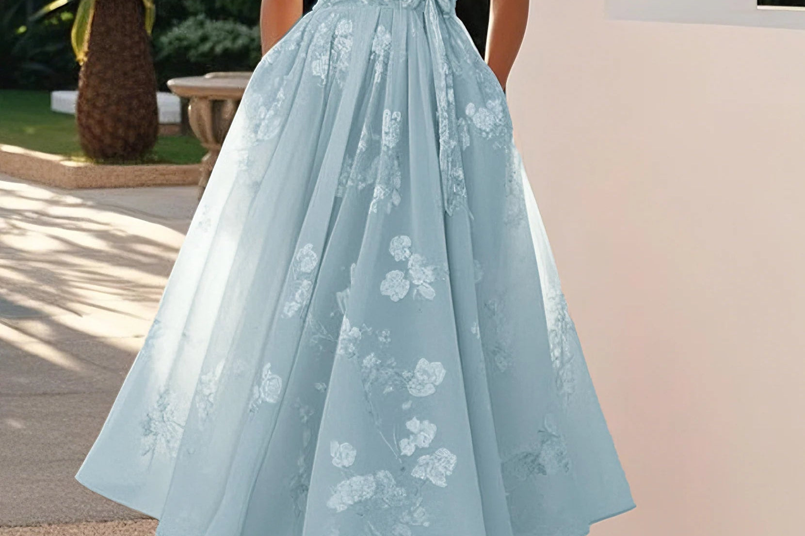 Amberly - Women's Floral Midi Cocktail Dress with Waist Bow - Blue