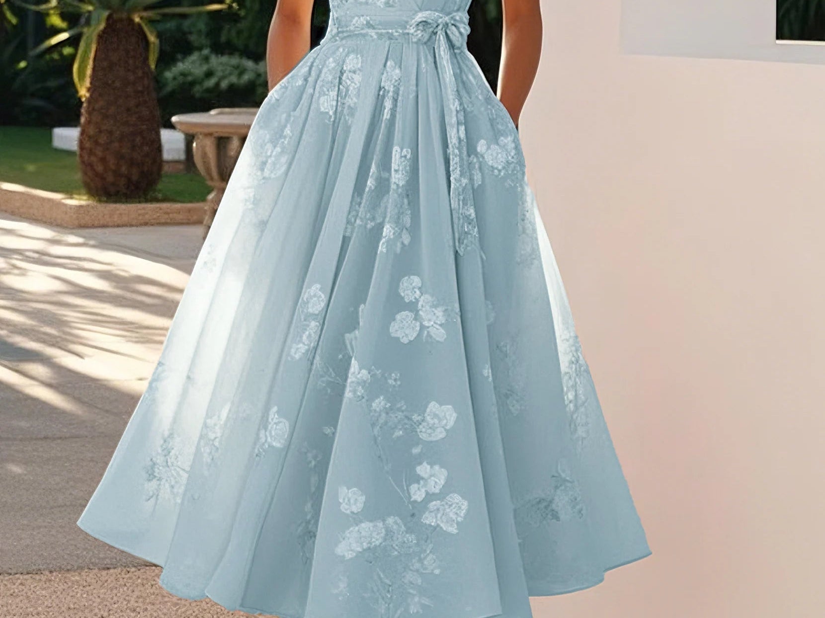 Amberly - Women's Floral Midi Cocktail Dress with Waist Bow - Blue