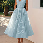 Amberly - Women's Floral Midi Cocktail Dress with Waist Bow - Blue