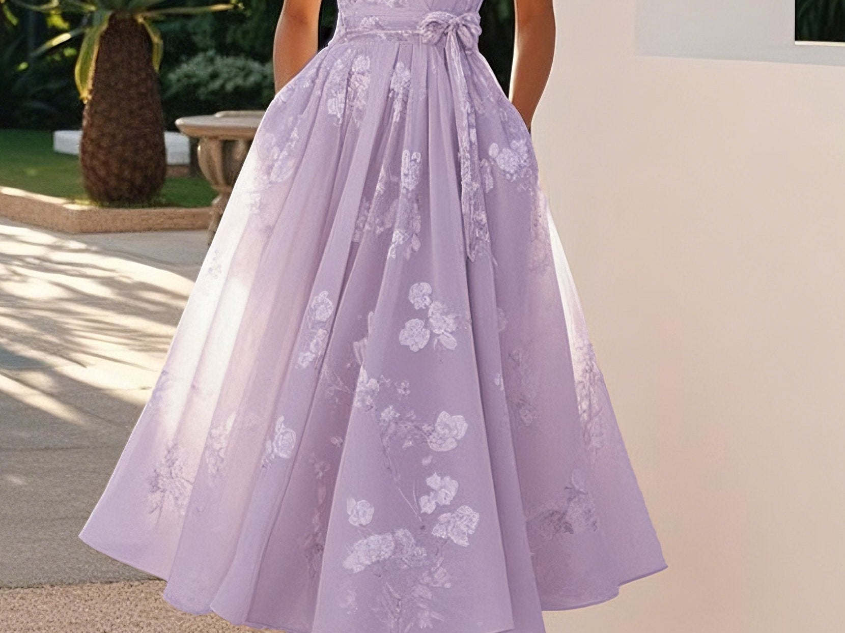 Amberly - Women's Floral Midi Cocktail Dress with Waist Bow - Purple