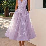 Amberly - Women's Floral Midi Cocktail Dress with Waist Bow - Purple