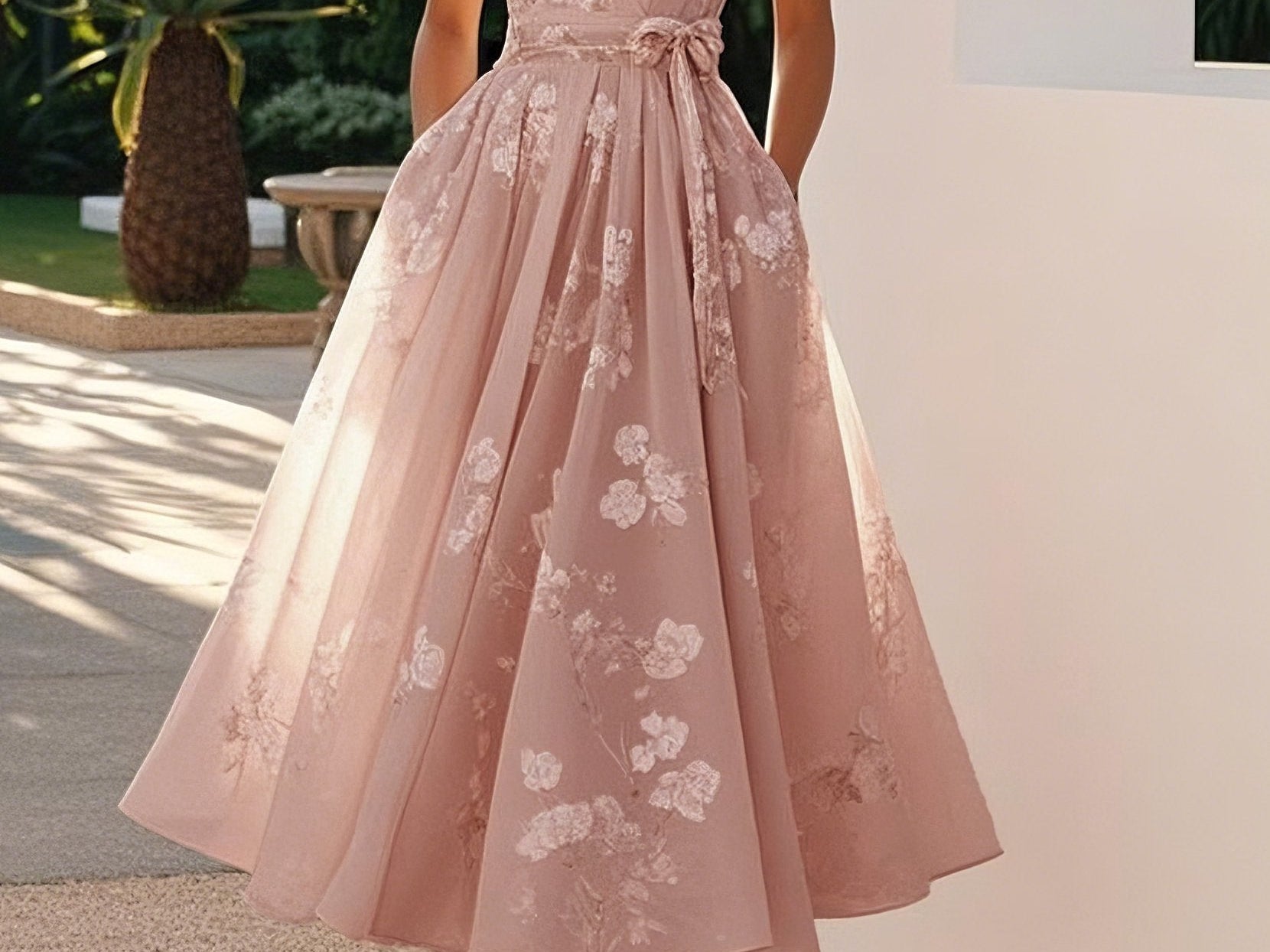 Amberly - Women's Floral Midi Cocktail Dress with Waist Bow - Dark Pink