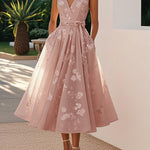 Amberly - Women's Floral Midi Cocktail Dress with Waist Bow - Dark Pink