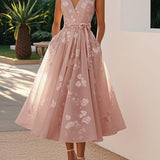 Amberly - Women's Floral Midi Cocktail Dress with Waist Bow - Dark Pink