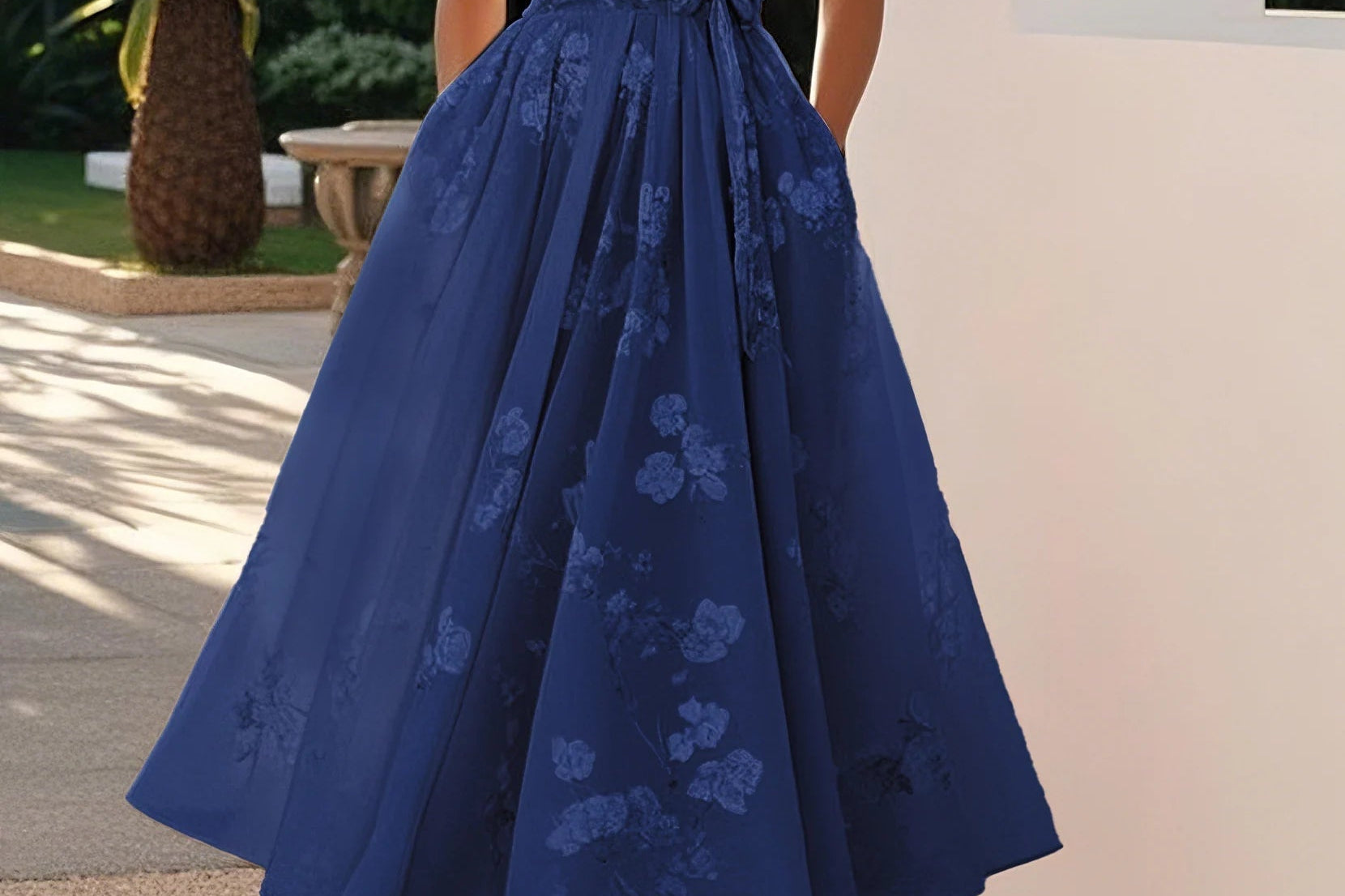 Amberly - Women's Floral Midi Cocktail Dress with Waist Bow - Dark Blue
