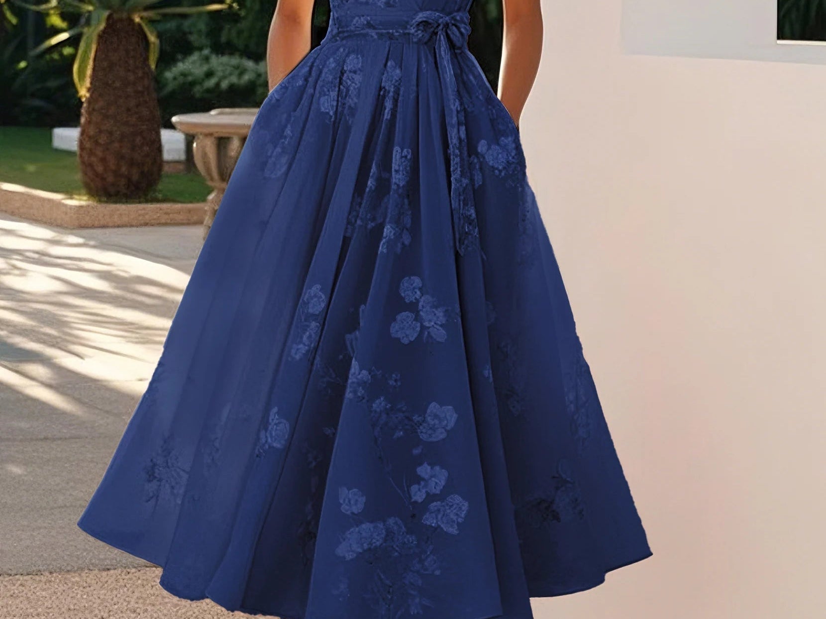 Amberly - Women's Floral Midi Cocktail Dress with Waist Bow - Dark Blue