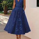 Amberly - Women's Floral Midi Cocktail Dress with Waist Bow - Dark Blue
