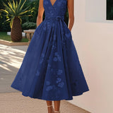 Amberly - Women's Floral Midi Cocktail Dress with Waist Bow - Dark Blue