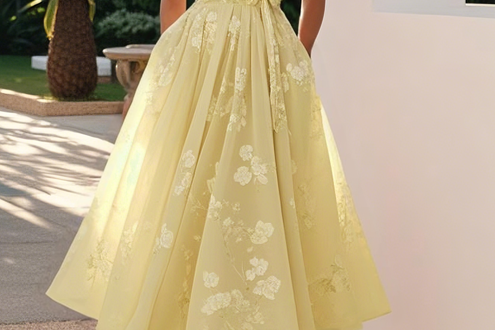 Amberly - Women's Floral Midi Cocktail Dress with Waist Bow - Mustard