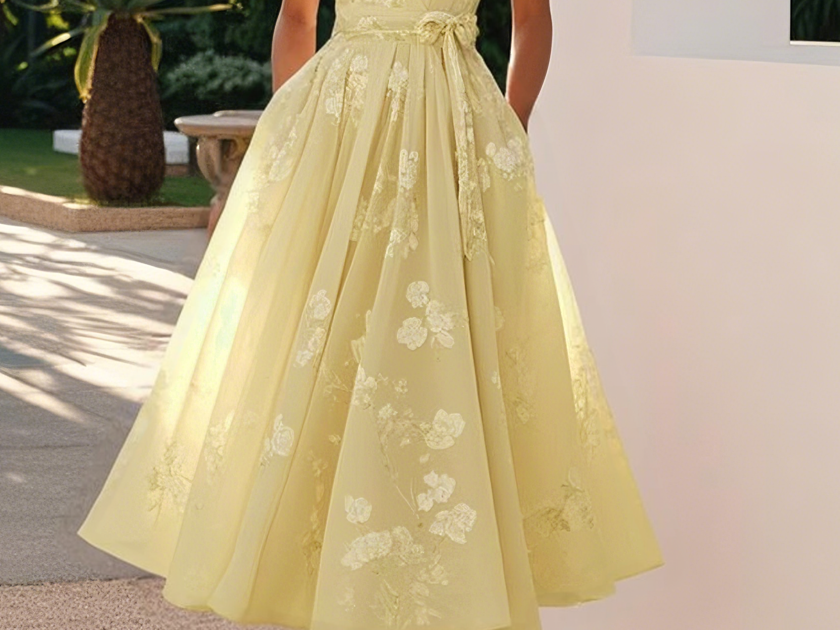 Amberly - Women's Floral Midi Cocktail Dress with Waist Bow - Mustard