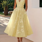 Amberly - Women's Floral Midi Cocktail Dress with Waist Bow - Mustard