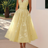 Amberly - Women's Floral Midi Cocktail Dress with Waist Bow - Mustard