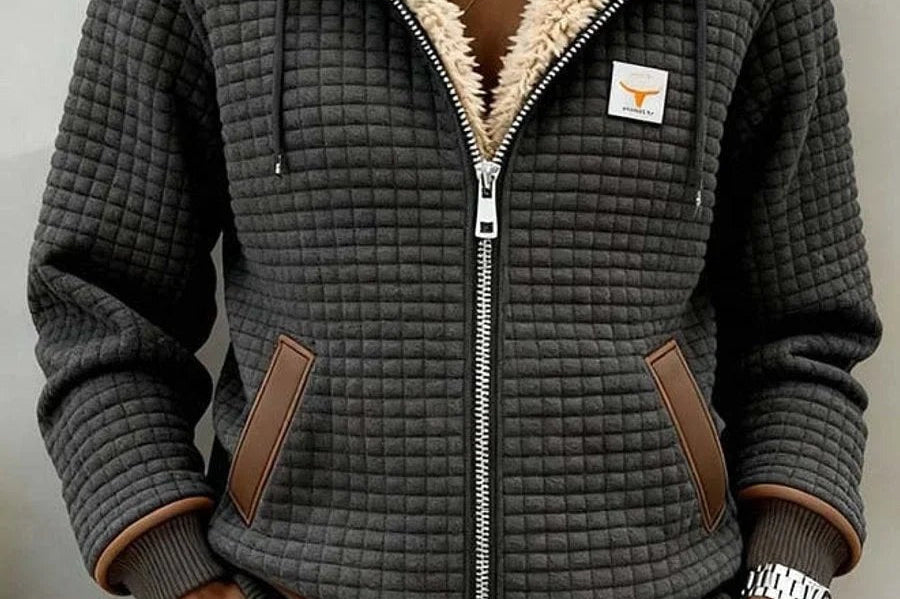 Anna - Women's Waffle Quilted Hooded Jacket with Sherpa Lining - Dark Gray