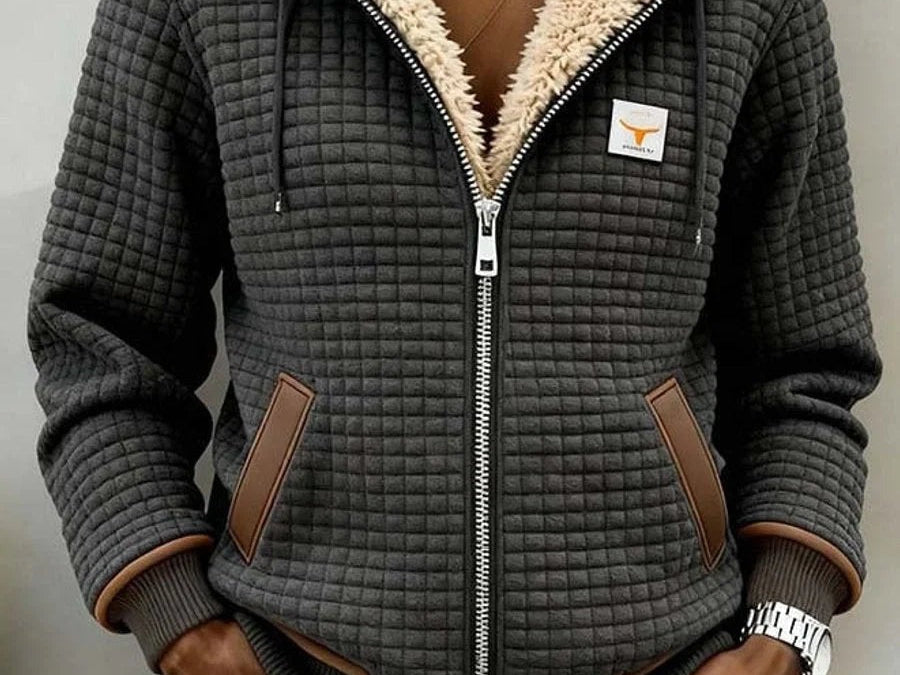 Anna - Women's Waffle Quilted Hooded Jacket with Sherpa Lining - Dark Gray