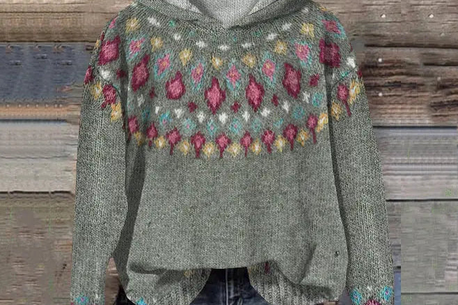 Annick - Women's Oversized Fair Isle Hooded Sweater - Gray