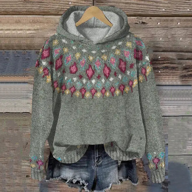 Annick - Women's Oversized Fair Isle Hooded Sweater - Gray